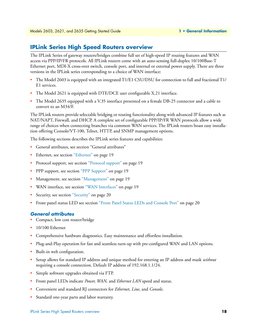 Patton electronic 2621, 2635 manual IPLink Series High Speed Routers overview, General attributes 