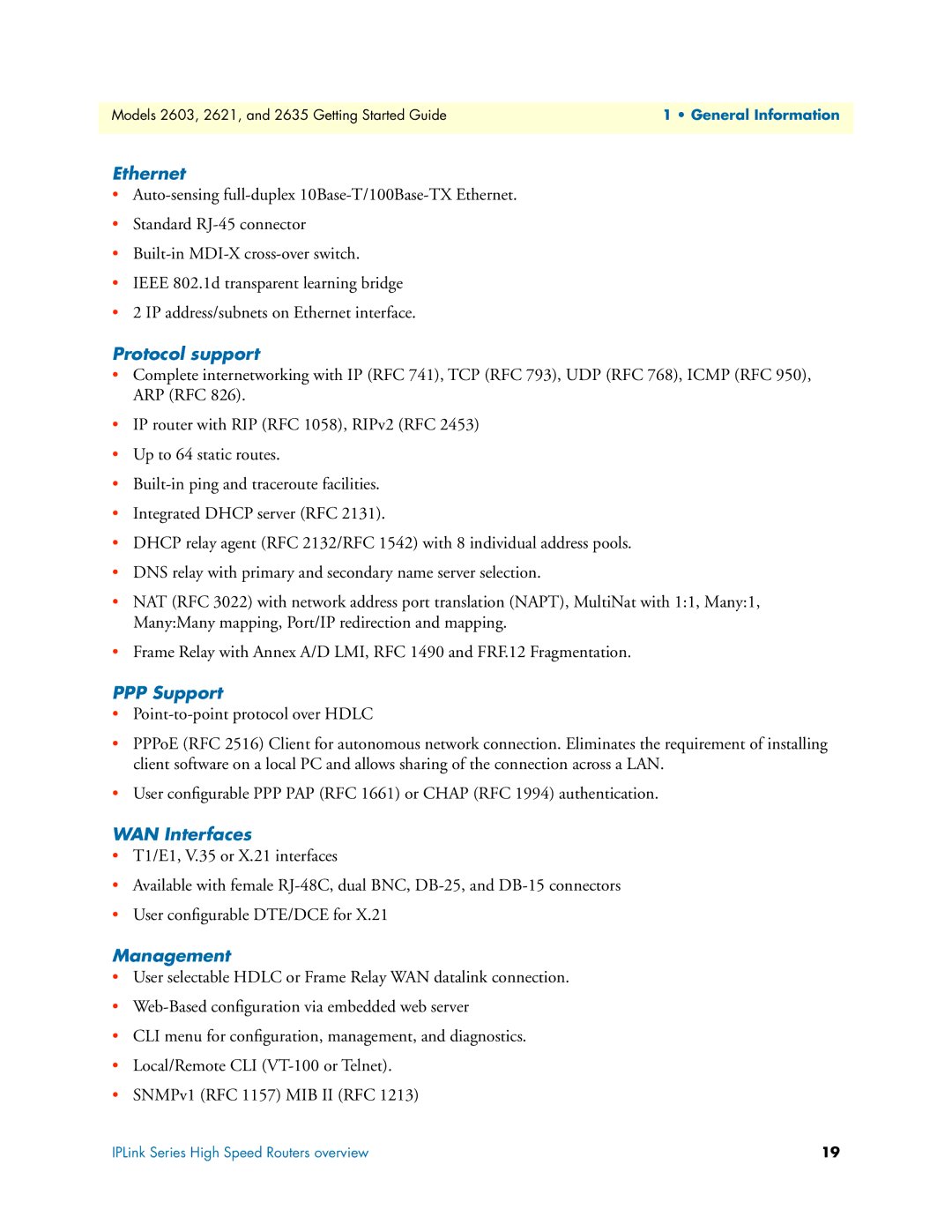 Patton electronic 2635, 2621 manual Ethernet, Protocol support, PPP Support, WAN Interfaces, Management 