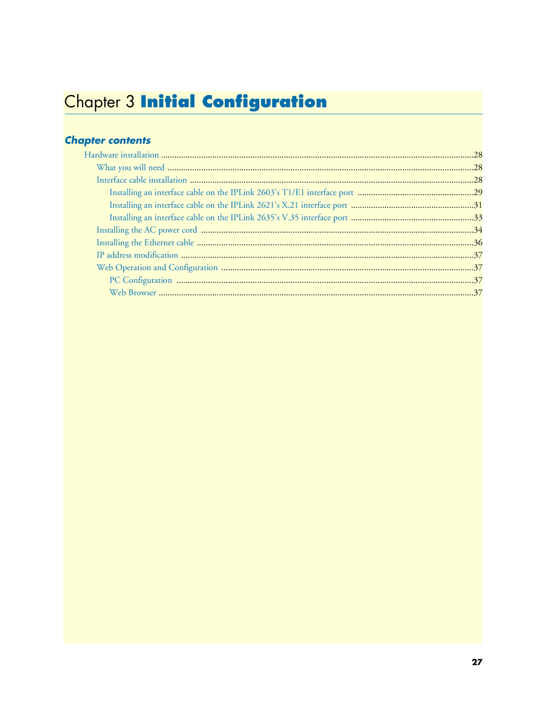 Patton electronic 2635, 2621 manual Initial Conﬁguration, Chapter contents 