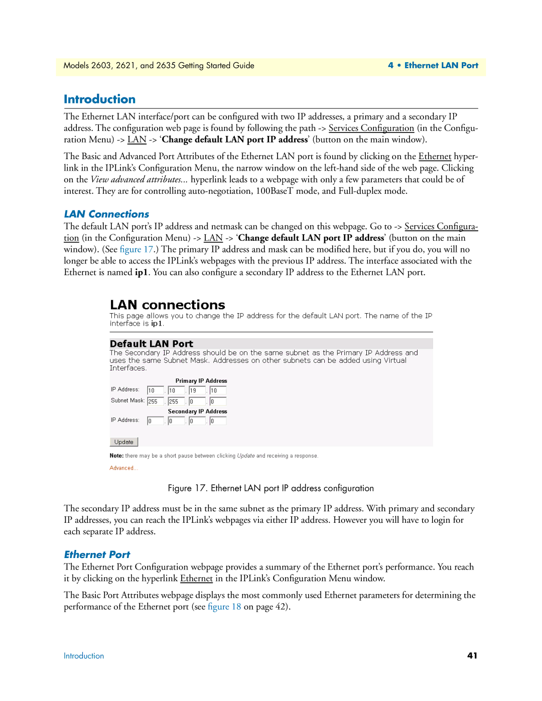 Patton electronic 2635, 2621 manual LAN Connections, Ethernet Port 