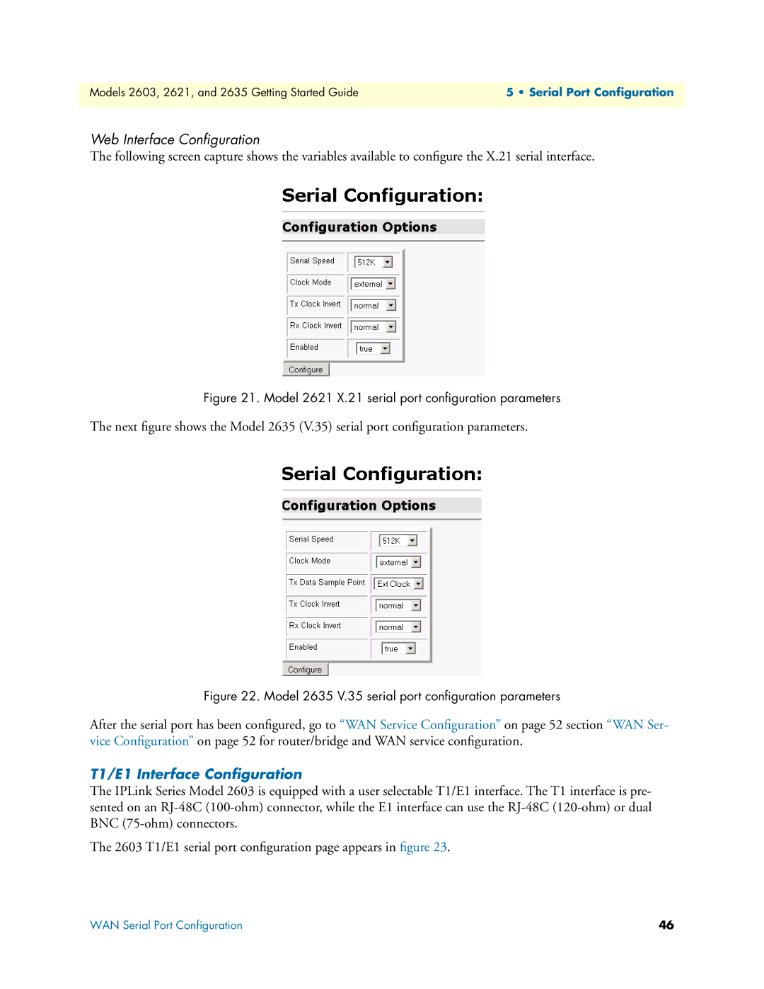 Patton electronic 2621, 2635 manual Web Interface Conﬁguration, T1/E1 Interface Conﬁguration 