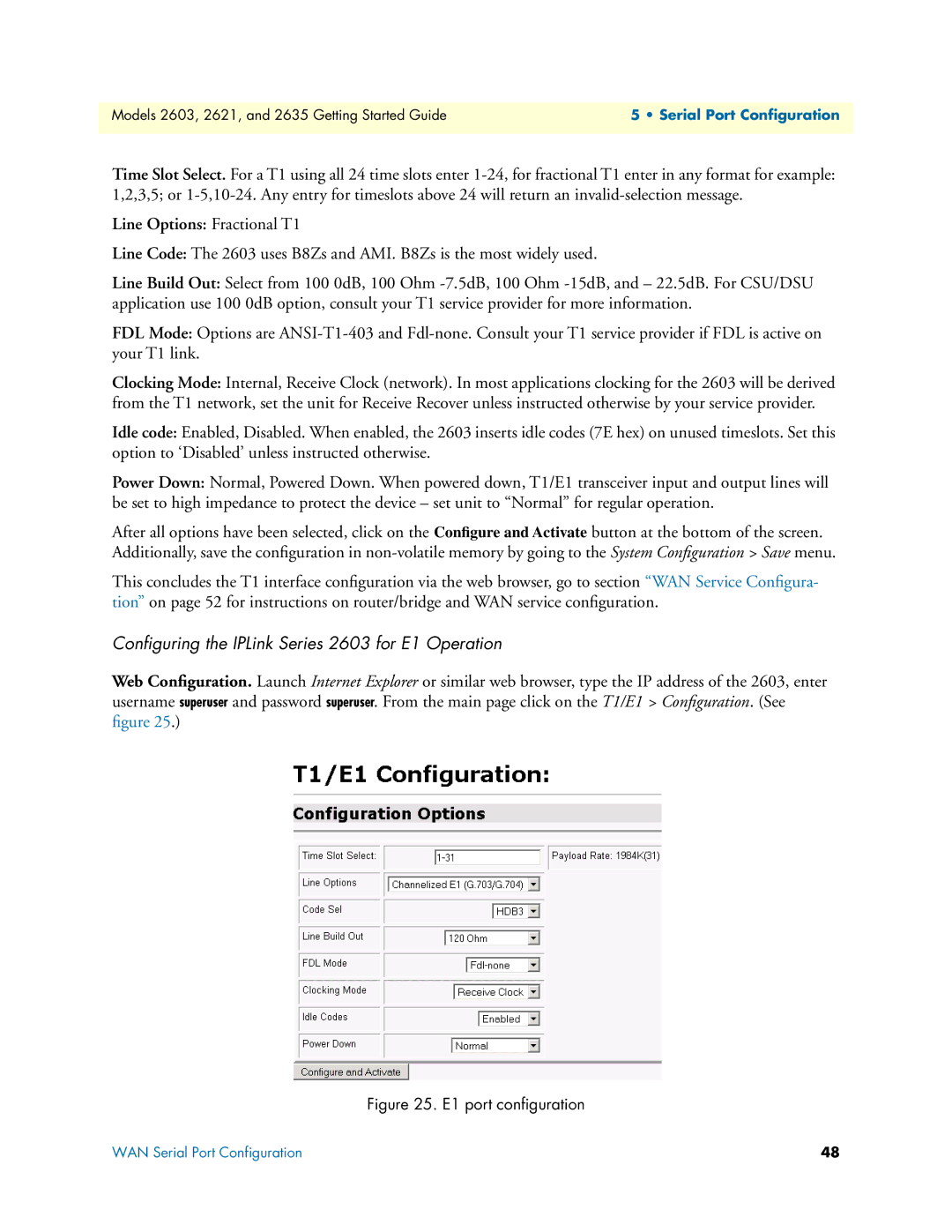 Patton electronic 2621, 2635 manual Line Options Fractional T1, Conﬁguring the IPLink Series 2603 for E1 Operation 