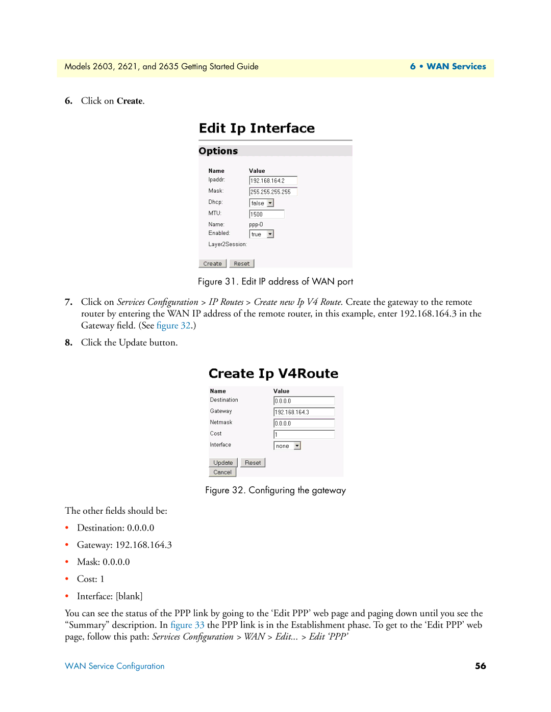 Patton electronic 2621, 2635 manual Click the Update button, Edit IP address of WAN port 