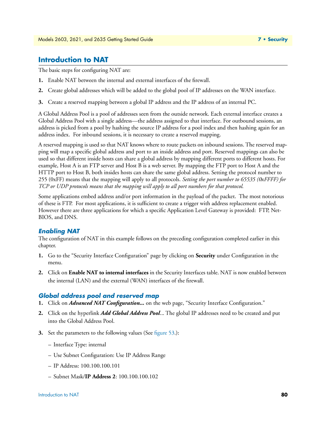 Patton electronic 2621, 2635 manual Introduction to NAT, Enabling NAT, Global address pool and reserved map 