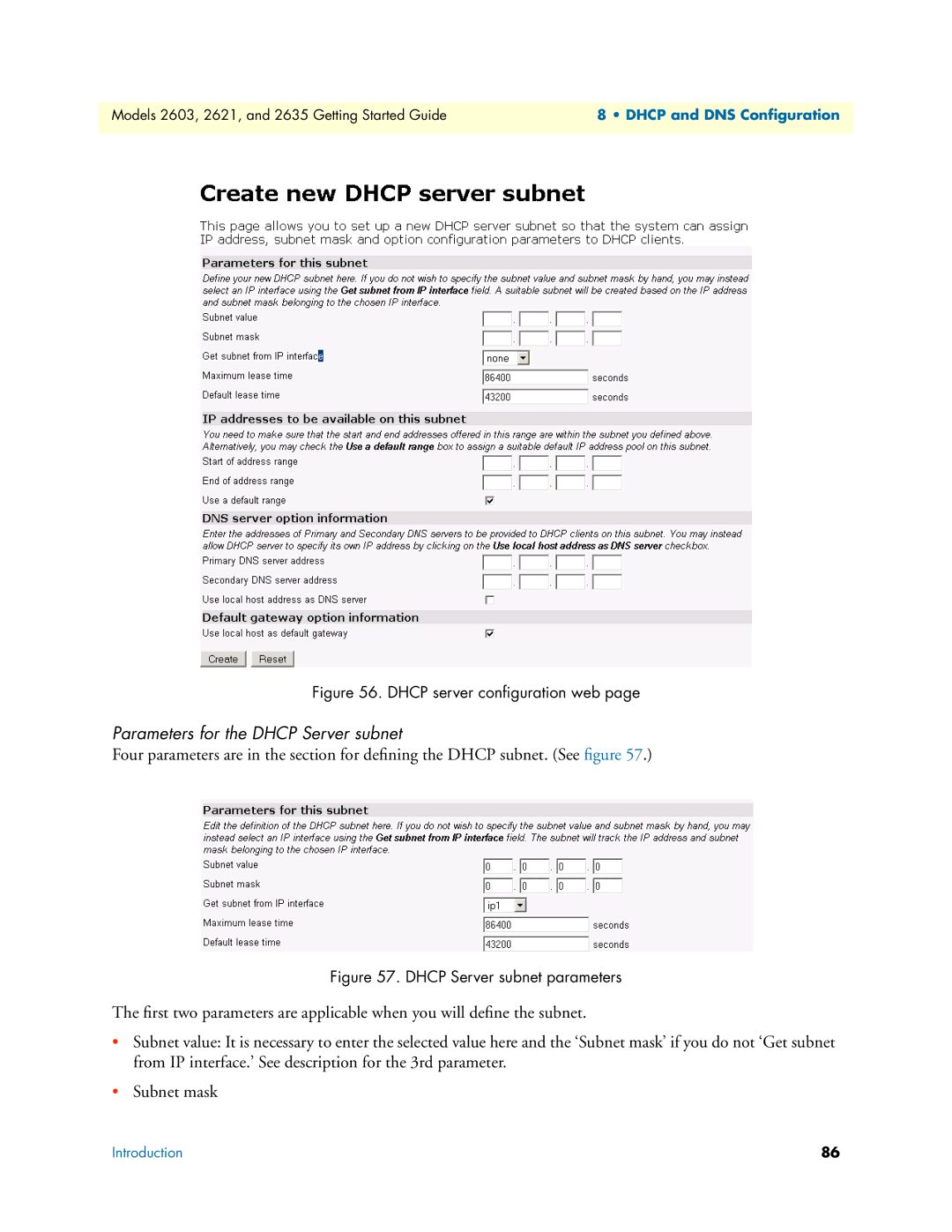 Patton electronic 2621, 2635 manual Parameters for the Dhcp Server subnet, Dhcp server conﬁguration web 