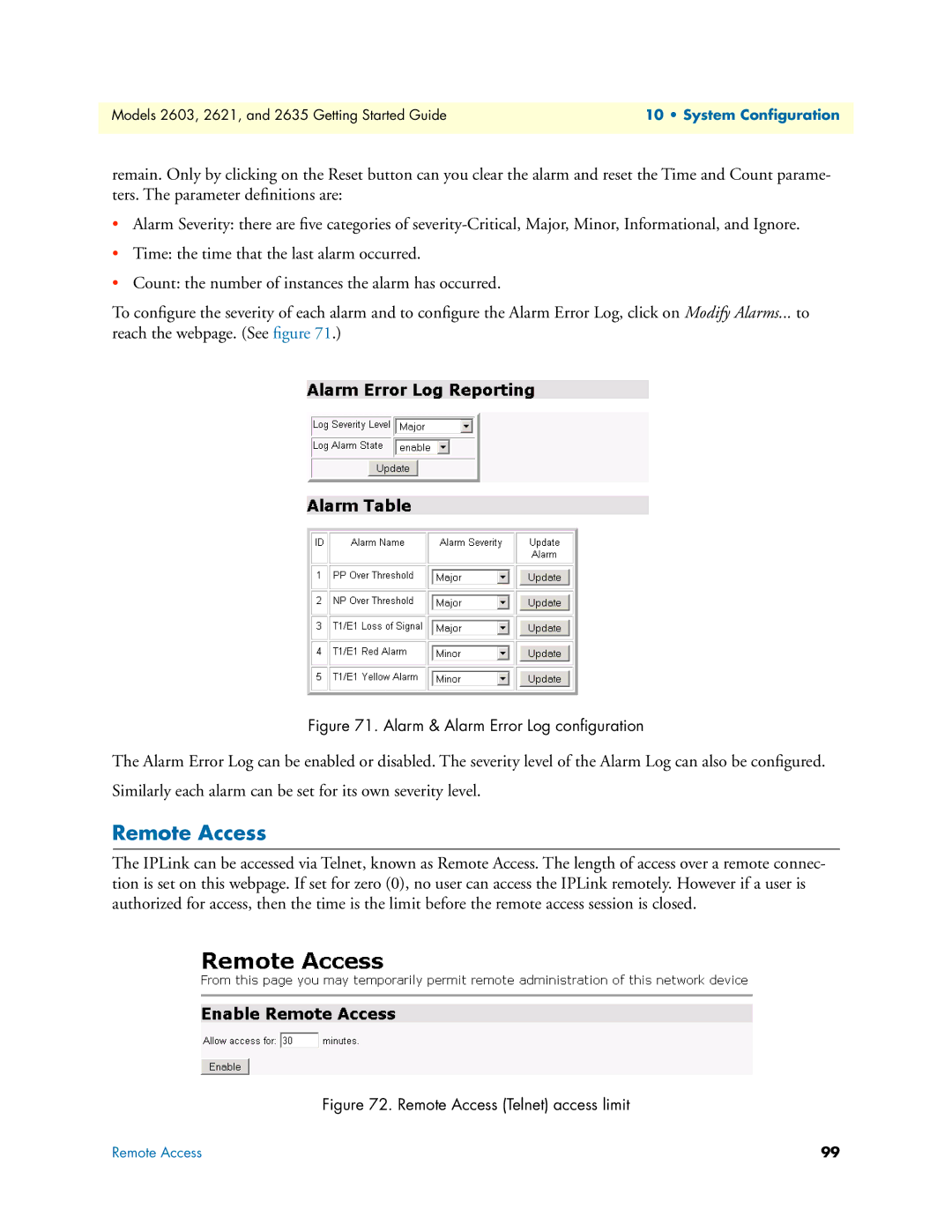 Patton electronic 2635, 2621 manual Remote Access, Alarm & Alarm Error Log conﬁguration 