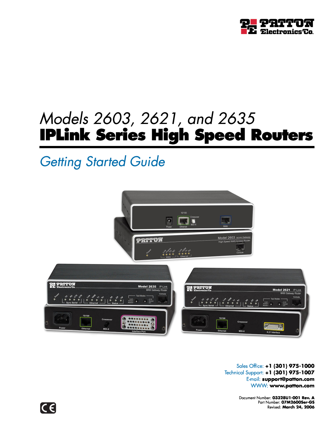 Patton electronic 2635 manual Models 2603, 2621, and, IPLink Series High Speed Routers, Getting Started Guide 