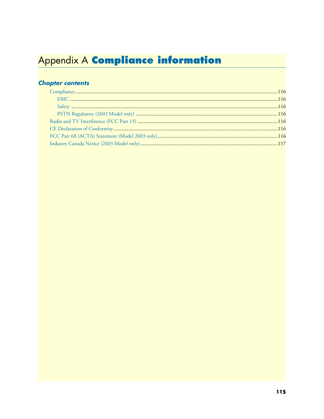 Patton electronic 2635, 2621 manual Appendix A Compliance information, Chapter contents 