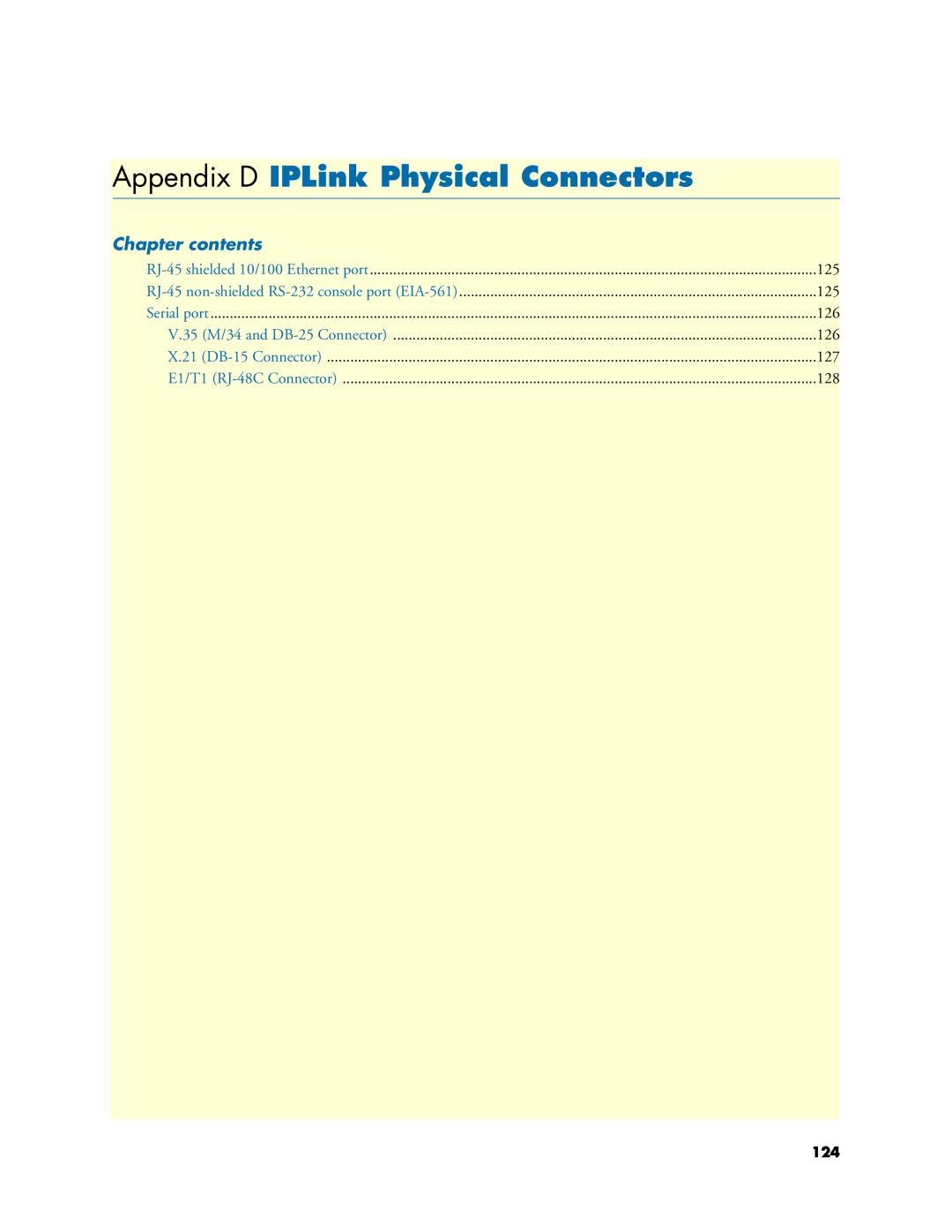 Patton electronic 2621, 2635 manual Appendix D IPLink Physical Connectors, Chapter contents 