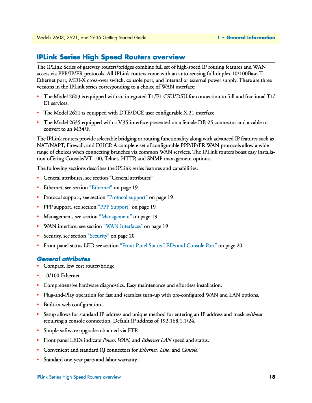 Patton electronic 2621, 2635 manual IPLink Series High Speed Routers overview, General attributes 