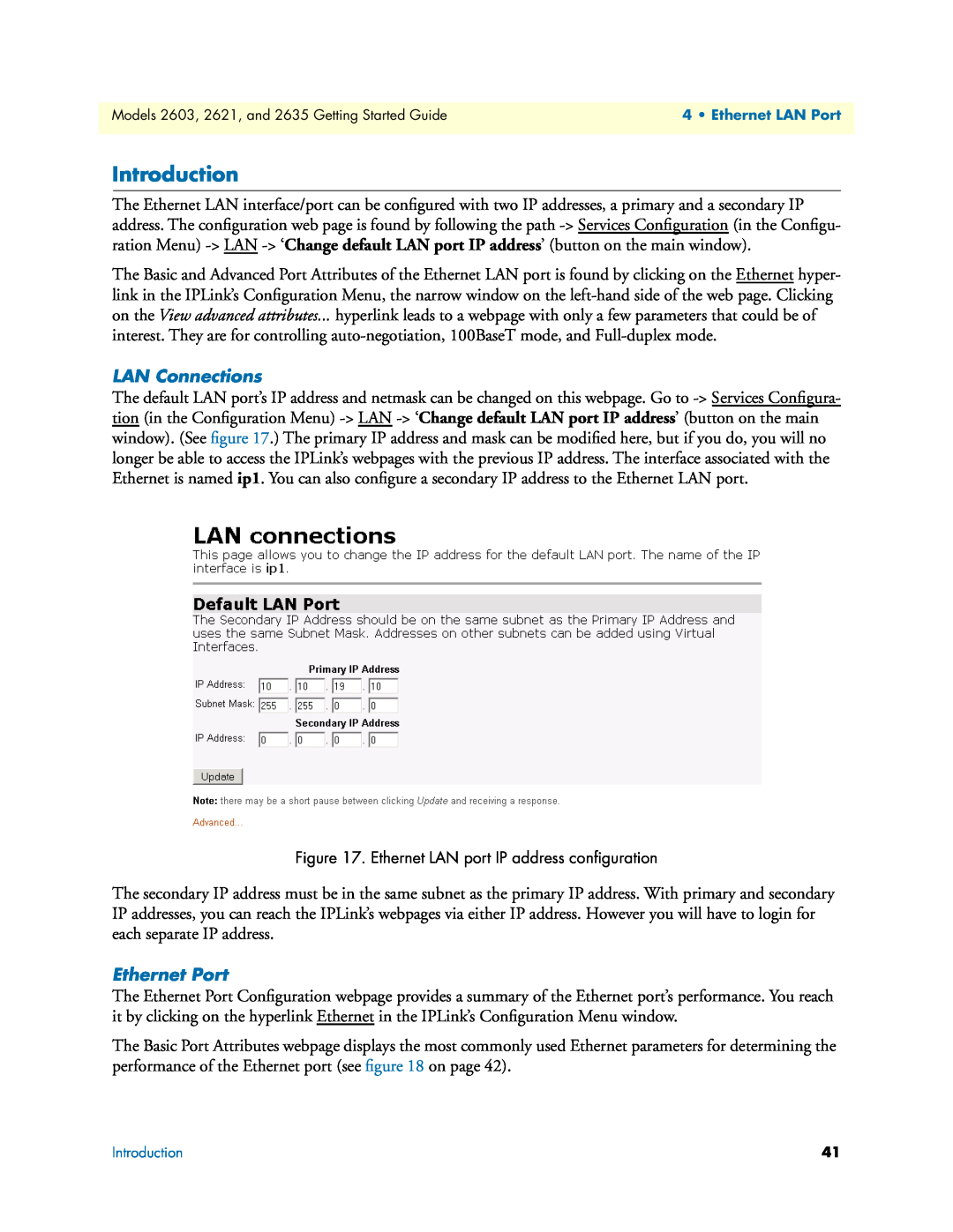 Patton electronic 2635, 2621 manual LAN Connections, Ethernet Port, Introduction, Ethernet LAN port IP address conﬁguration 