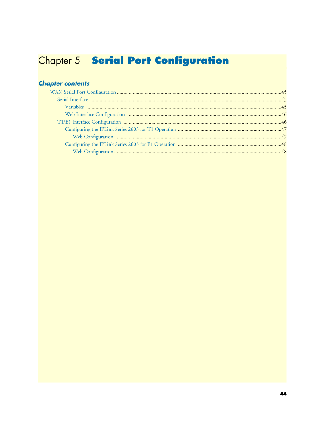 Patton electronic 2621, 2635 manual Serial Port Conﬁguration, Chapter contents 