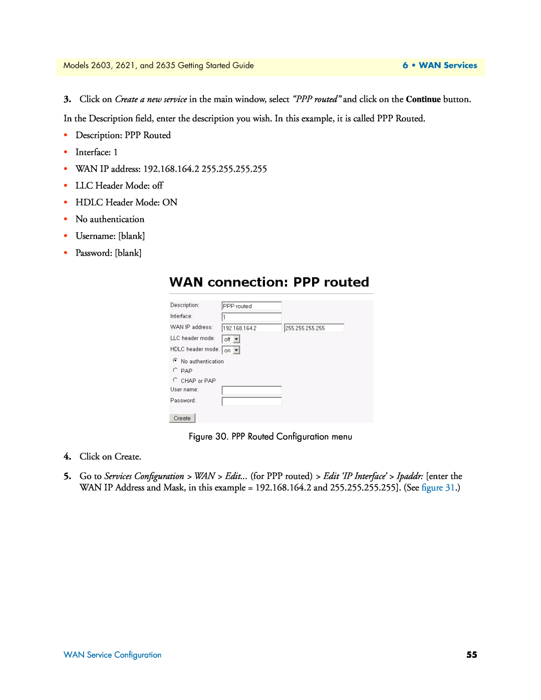 Patton electronic 2635, 2621 manual Description PPP Routed Interface WAN IP address 192.168.164.2 