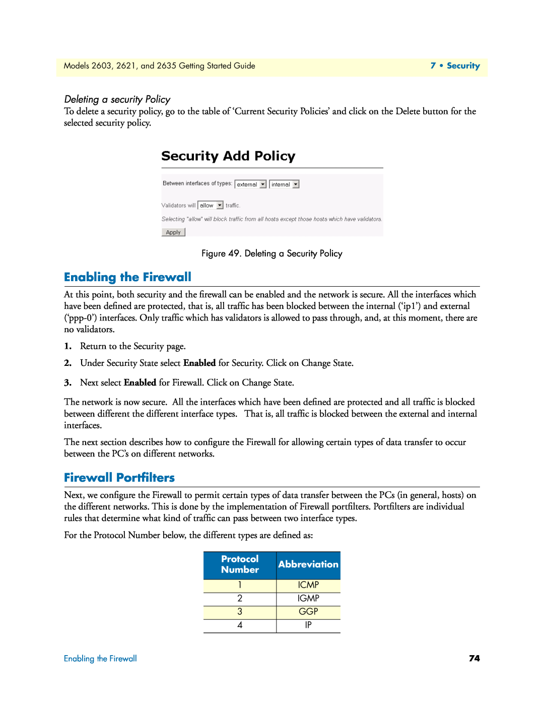 Patton electronic 2621, 2635 manual Enabling the Firewall, Firewall Portﬁlters, Deleting a security Policy 
