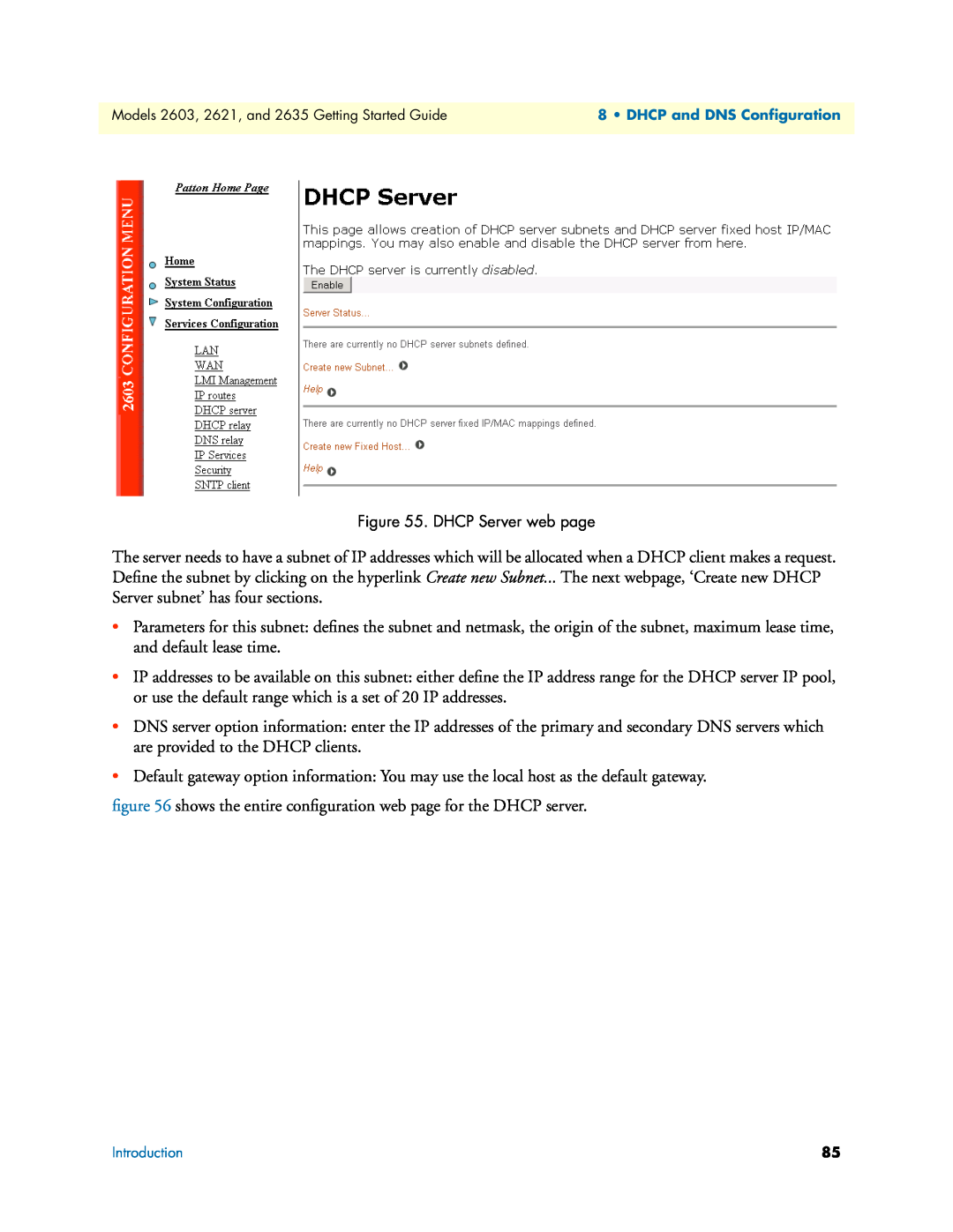 Patton electronic 2635, 2621 manual ﬁgure 56 shows the entire conﬁguration web page for the DHCP server 