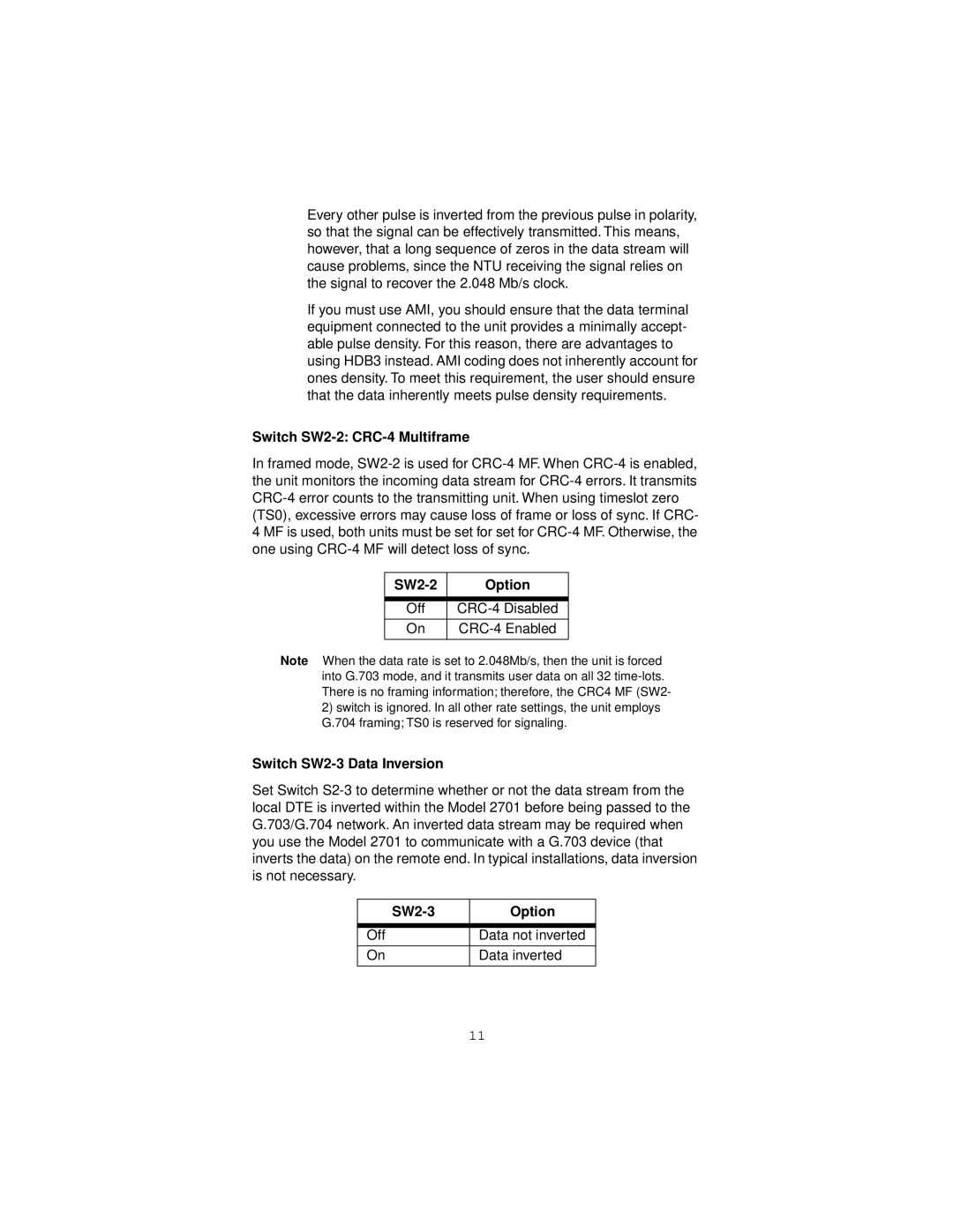 Patton electronic 2701/C, 2701/B Switch SW2-2 CRC-4 Multiframe, SW2-2 Option, Switch SW2-3 Data Inversion, SW2-3 Option 