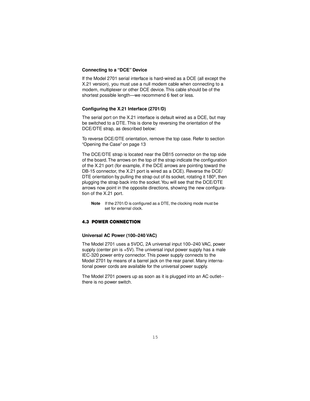 Patton electronic 2701/B, 2701/C Connecting to a DCE Device, Conﬁguring the X.21 Interface 2701/D, Power Connection 