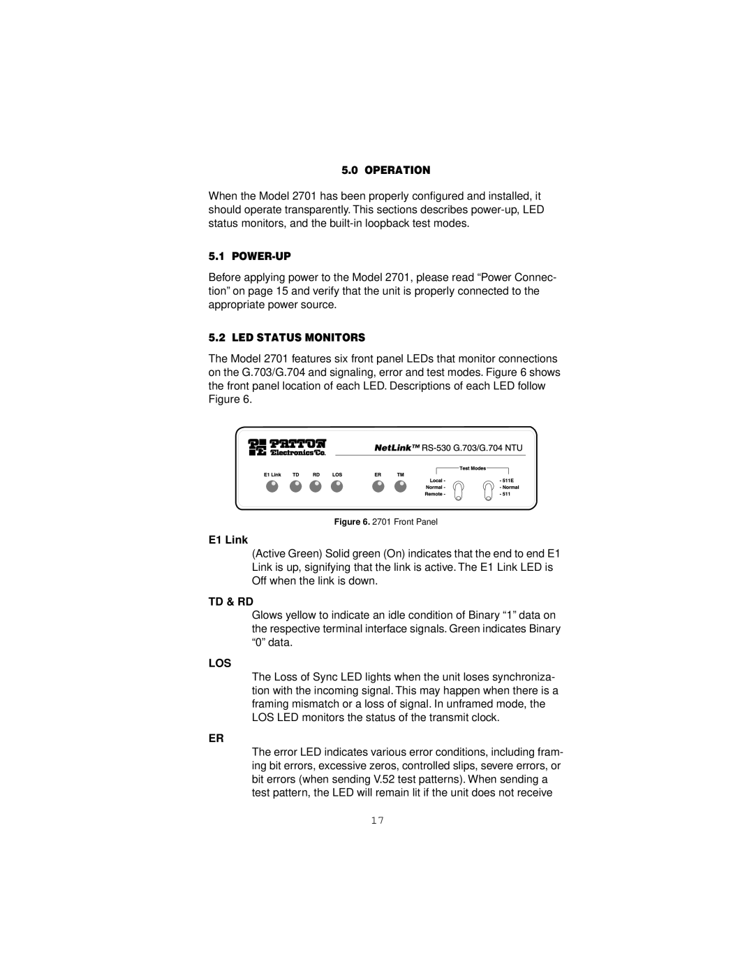 Patton electronic 2701/C, 2701/B, 2701/D user manual Operation, Power-Up, LED Status Monitors, Td & Rd, Los 