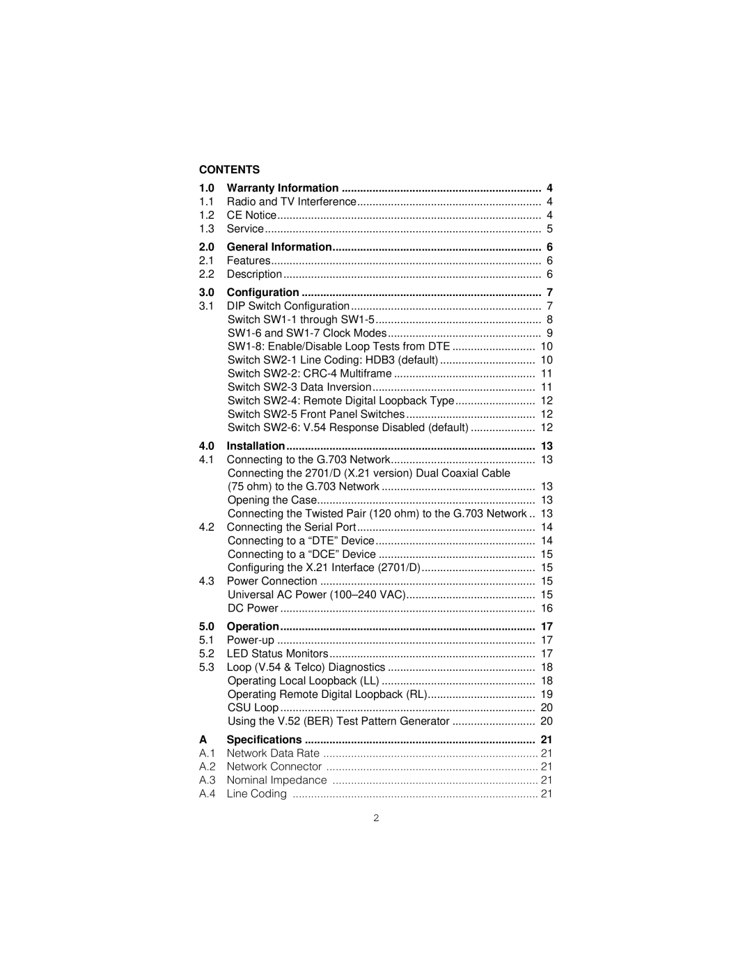 Patton electronic 2701/C, 2701/B, 2701/D user manual Contents 