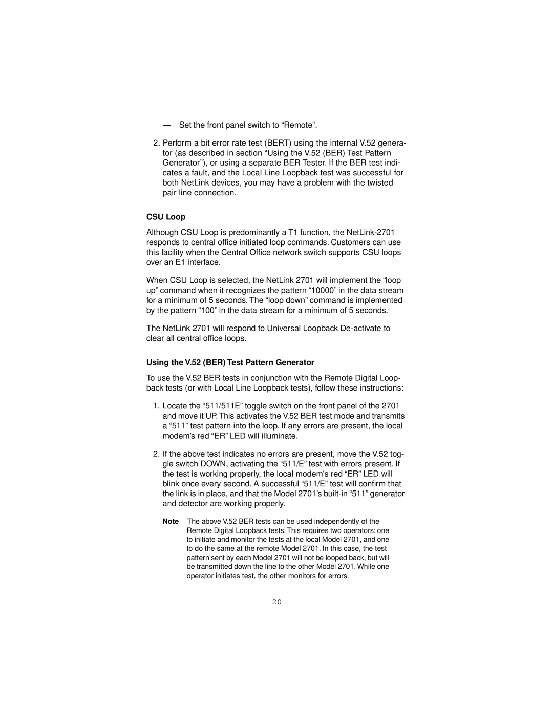 Patton electronic 2701/C, 2701/B, 2701/D user manual CSU Loop, Using the V.52 BER Test Pattern Generator 