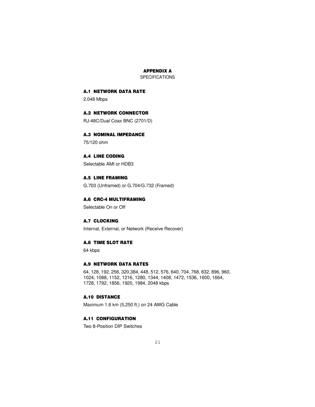 Patton electronic 2701/B Appendix a, Network Data Rate, Network Connector, Nominal Impedance, Line Coding, Line Framing 