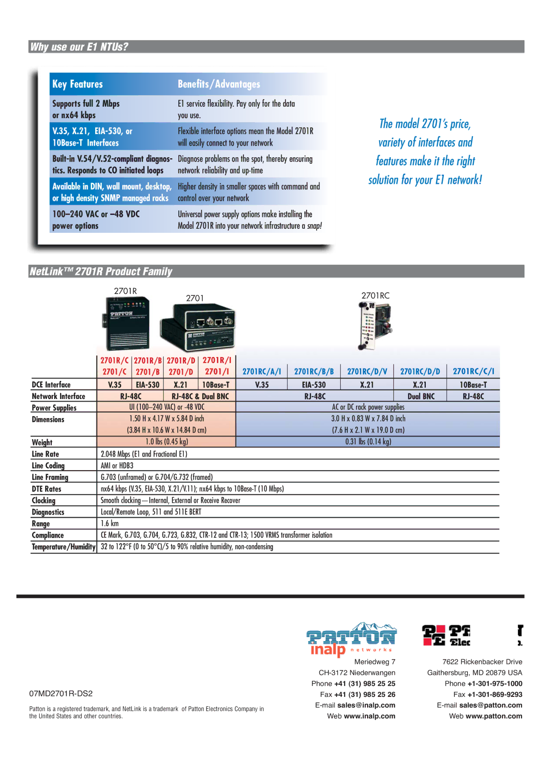 Patton electronic manual Why use our E1 NTUs?, Key Features, Benefits/Advantages, NetLink 2701R Product Family 