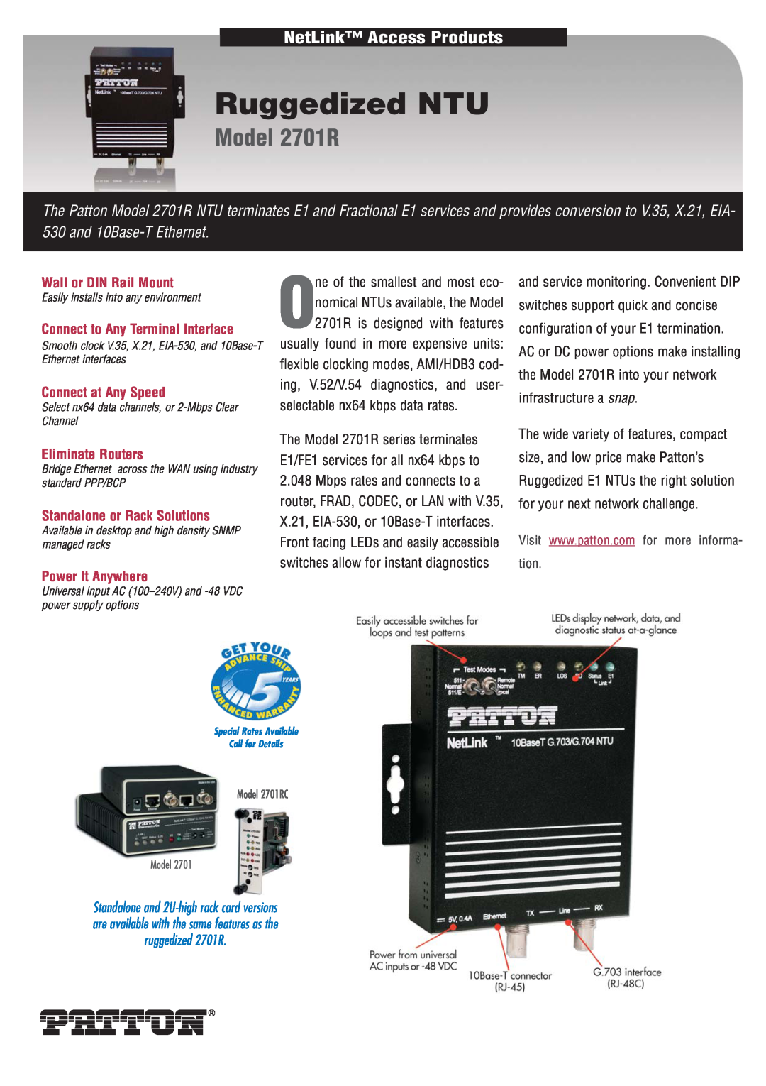Patton electronic manual Ruggedized NTU, Model 2701R, NetLink Access Products, Wall or DIN Rail Mount, tion 