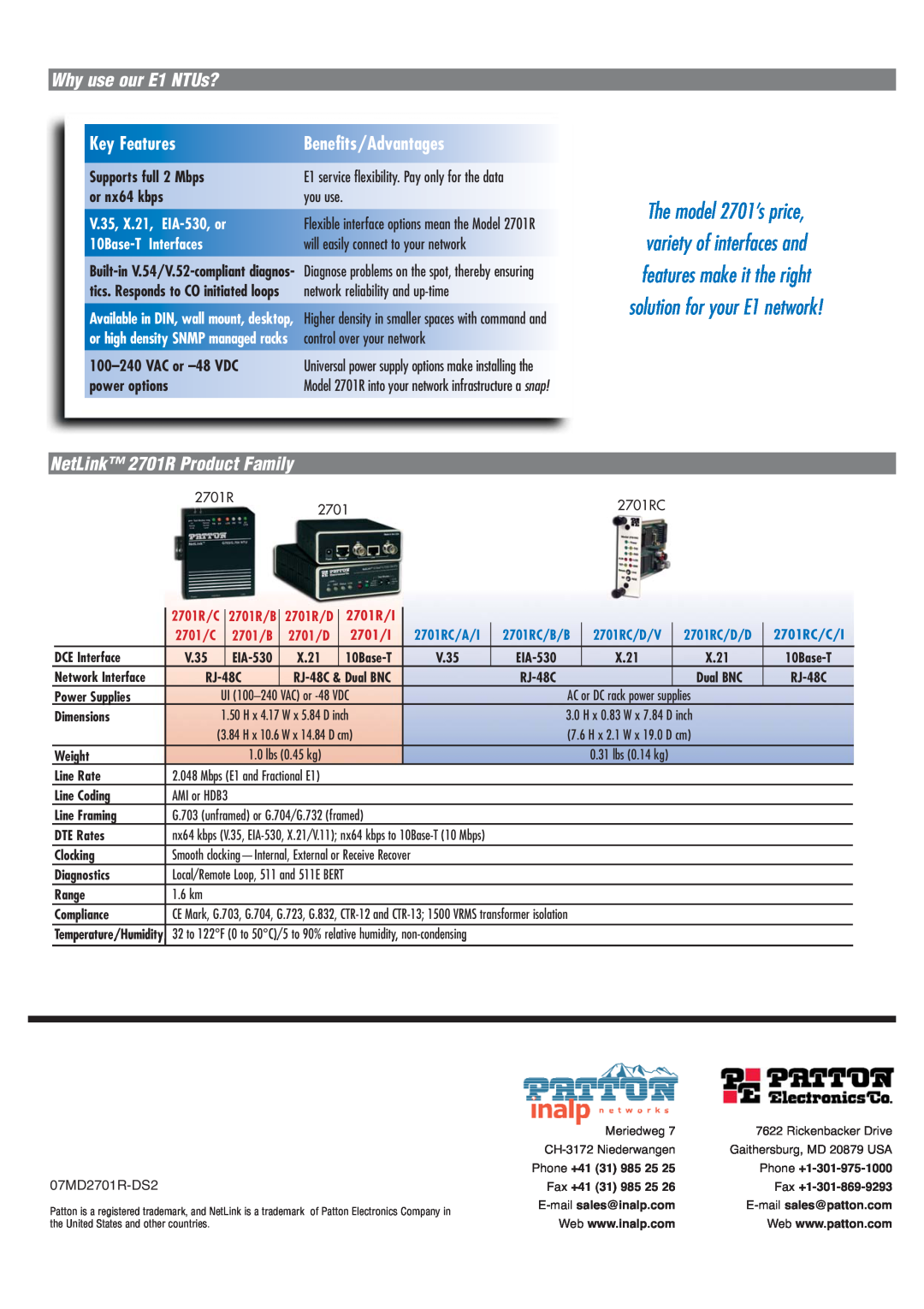 Patton electronic Why use our E1 NTUs?, KeyFeatures, Benefits/Advantages, NetLink 2701R Product Family, 2701R/D, 2701/C 
