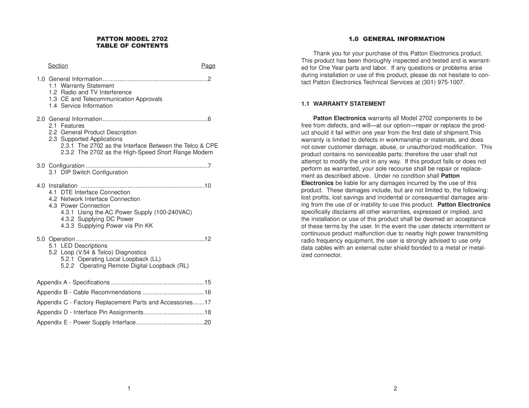 Patton electronic 2702 G.703 user manual Patton Model Table of Contents, General Information, Warranty Statement 