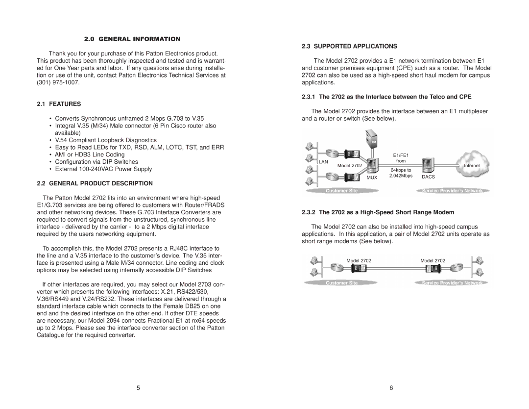 Patton electronic 2702 G.703 user manual Features, General Product Description, Supported Applications 