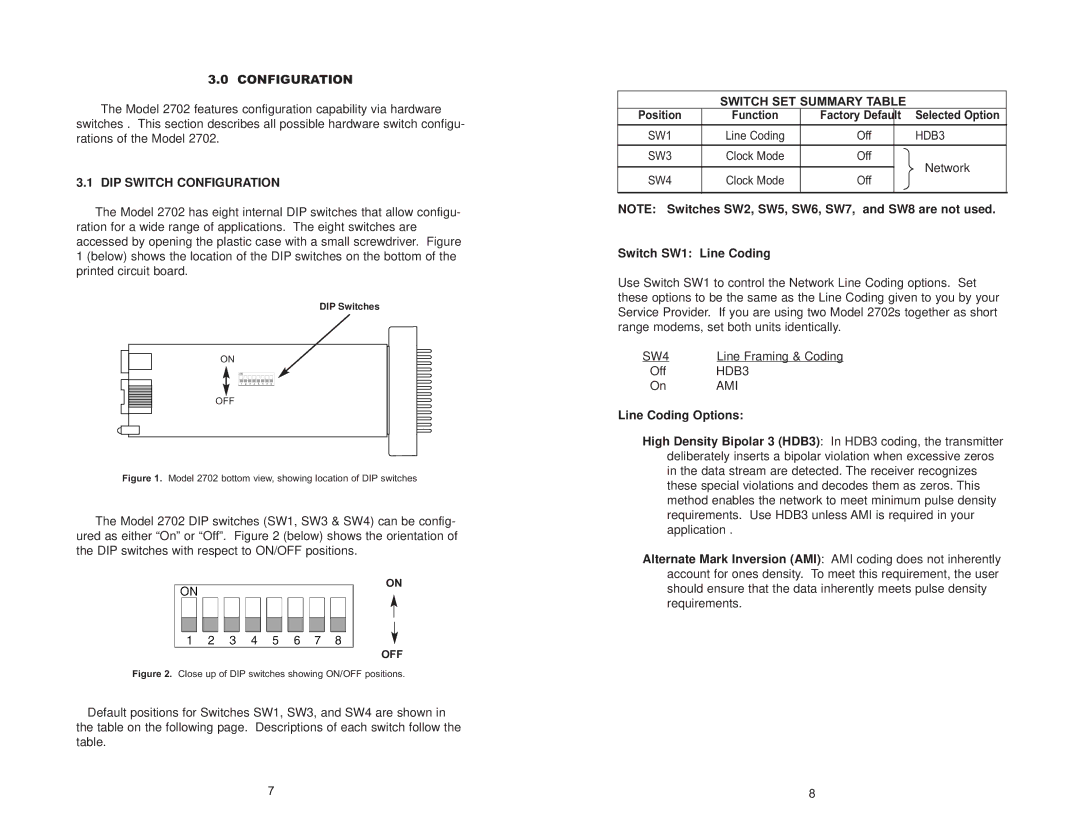 Patton electronic 2702 G.703 user manual DIP Switch Configuration, Switch SET Summary Table, Switch SW1 Line Coding 