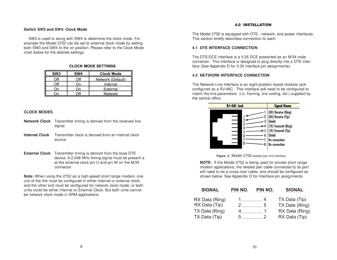 Patton electronic 2702 G.703 user manual Clock Mode Settings SW3 SW4, Clock Modes, DTE Interface Connection 