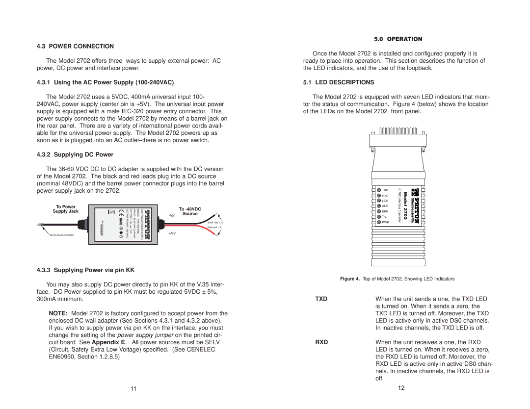 Patton electronic 2702 G.703 user manual Power Connection, LED Descriptions, Txd, Rxd 