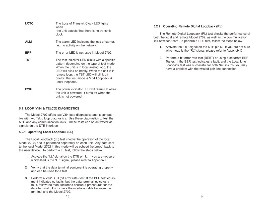 Patton electronic 2702 G.703 user manual Lotc, Alm, Err, Tst, Pwr, Loop V.54 & Telco Diagnostics 