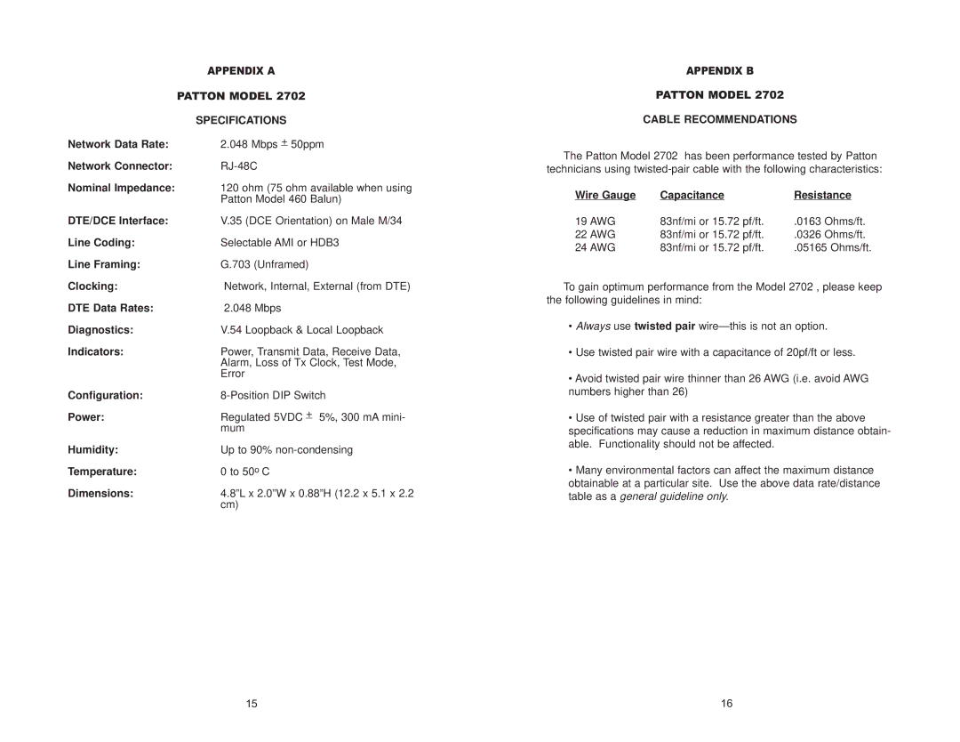 Patton electronic 2702 G.703 user manual Specifications, Patton Model Cable Recommendations 