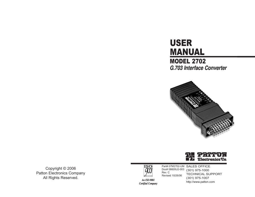 Patton electronic 2702 G.703 user manual Model, G.703 Interface Converter, Technical Support, Rev. C, Revised 10/26/06 