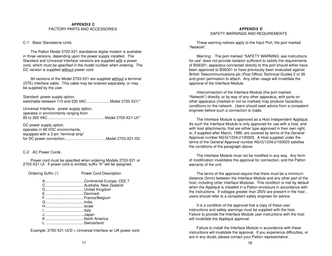 Patton electronic 2703-X21 user manual Factory Parts and Accessories, Safety Warnings and Requirements 