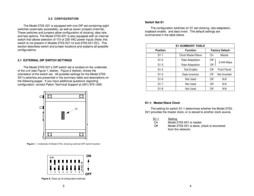 Patton electronic 2703-X21 External DIP Switch Settings, Switch Set S1, S1 Summary Table, S1-1 Master/Slave Clock 