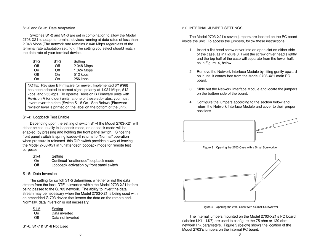 Patton electronic 2703-X21 user manual S1-2 and S1-3 Rate Adaptation, S1-4 Loopback Test Enable, S1-5 Data Inversion 