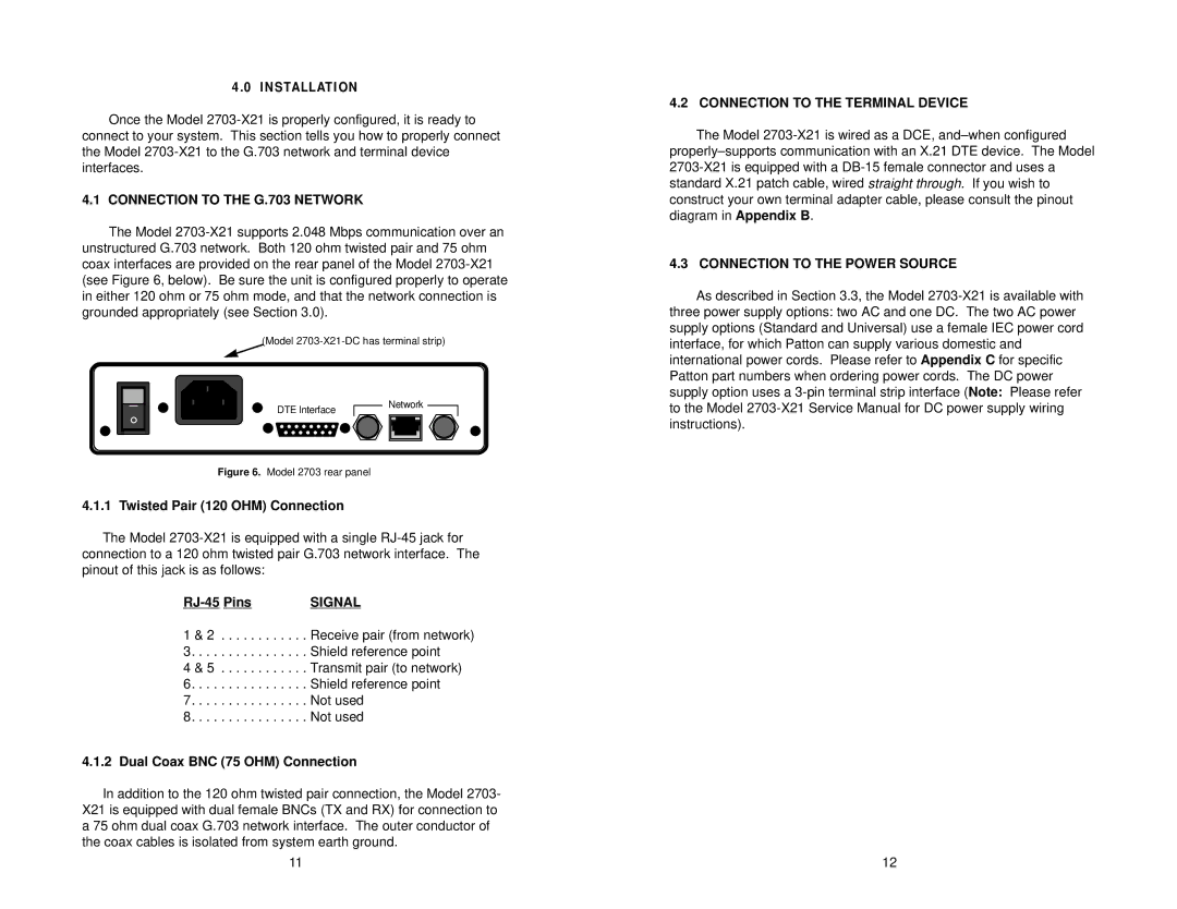 Patton electronic 2703-X21 user manual Connection to the G.703 Network, Connection to the Terminal Device, Signal 