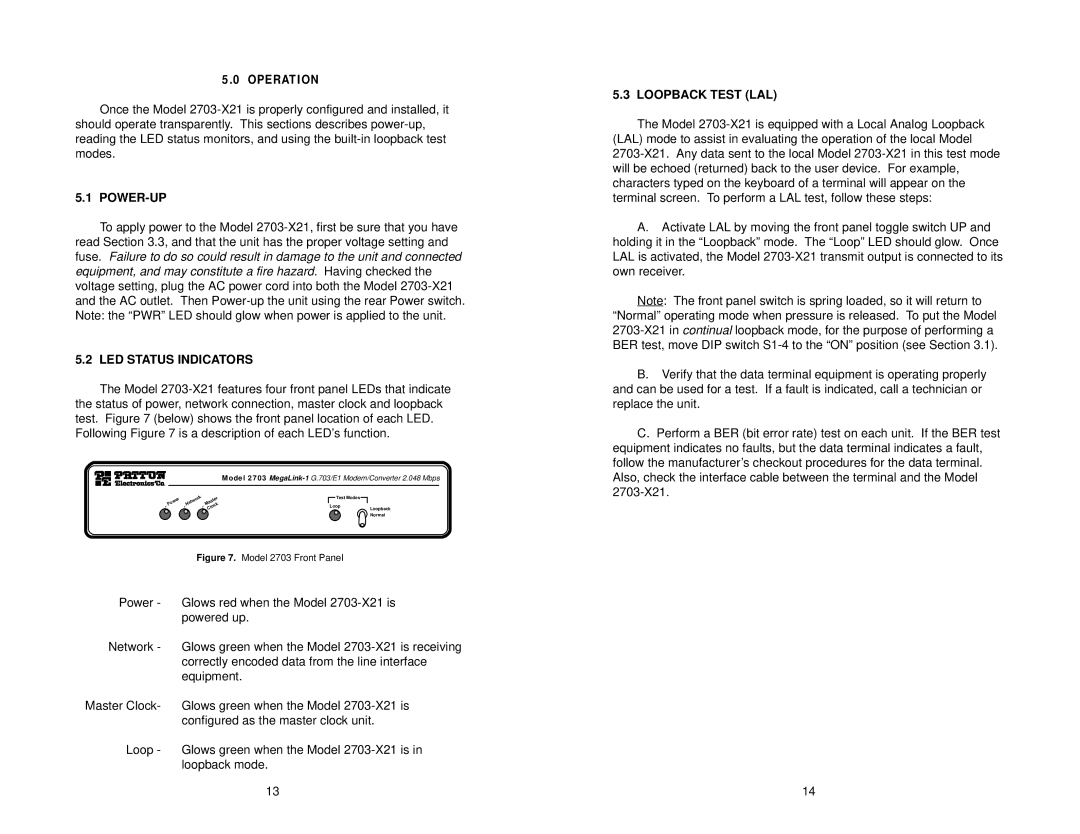 Patton electronic 2703-X21 user manual Power-Up, LED Status Indicators, Loopback Test LAL 