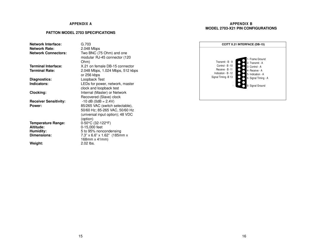 Patton electronic user manual Patton Model 2703 Specifications, Model 2703-X21 PIN Configurations 