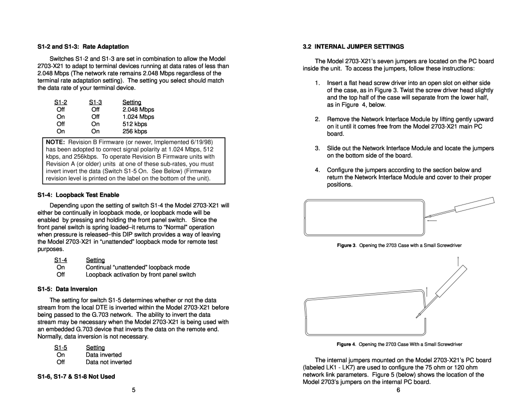 Patton electronic 2703-X21 user manual S1-2 and S1-3 Rate Adaptation, S1-4 Loopback Test Enable, S1-5 Data Inversion 