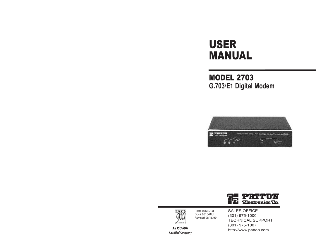 Patton electronic 2703 user manual User Manual, Model, G.703/E1 Digital Modem, SALES OFFICE 301 TECHNICAL SUPPORT 