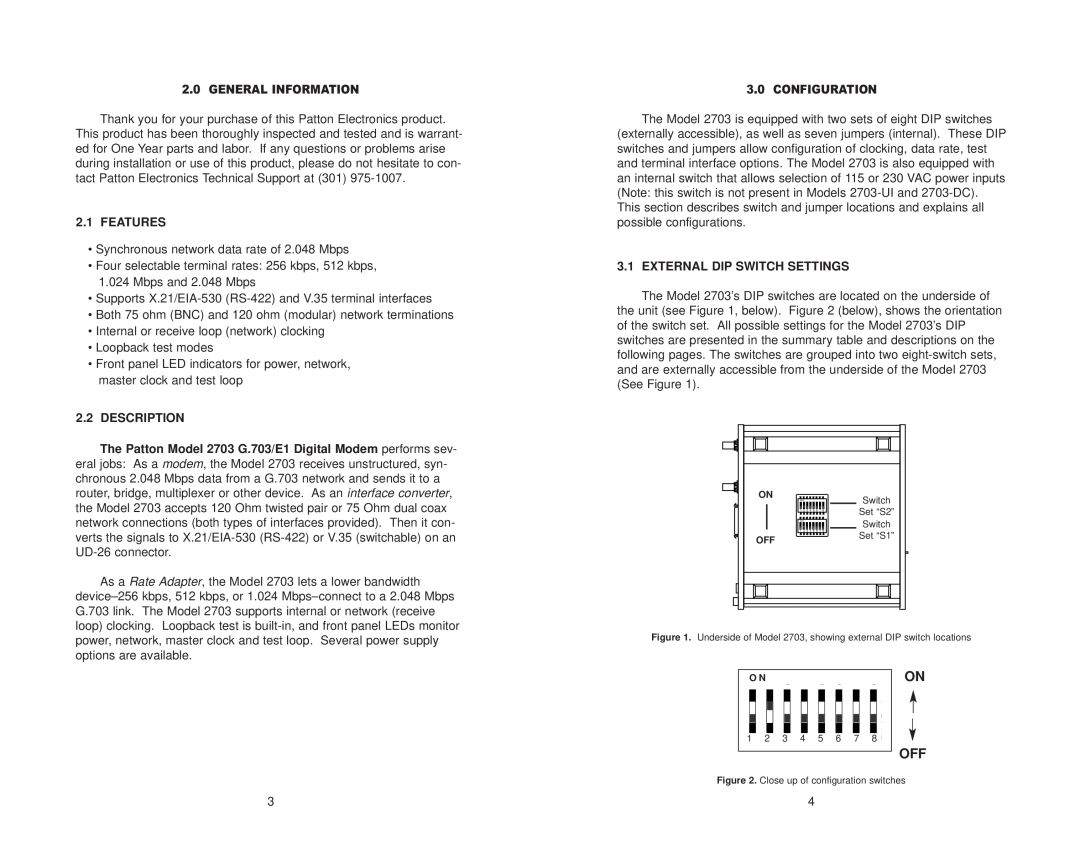 Patton electronic 2703 user manual Features, Description, External Dip Switch Settings 