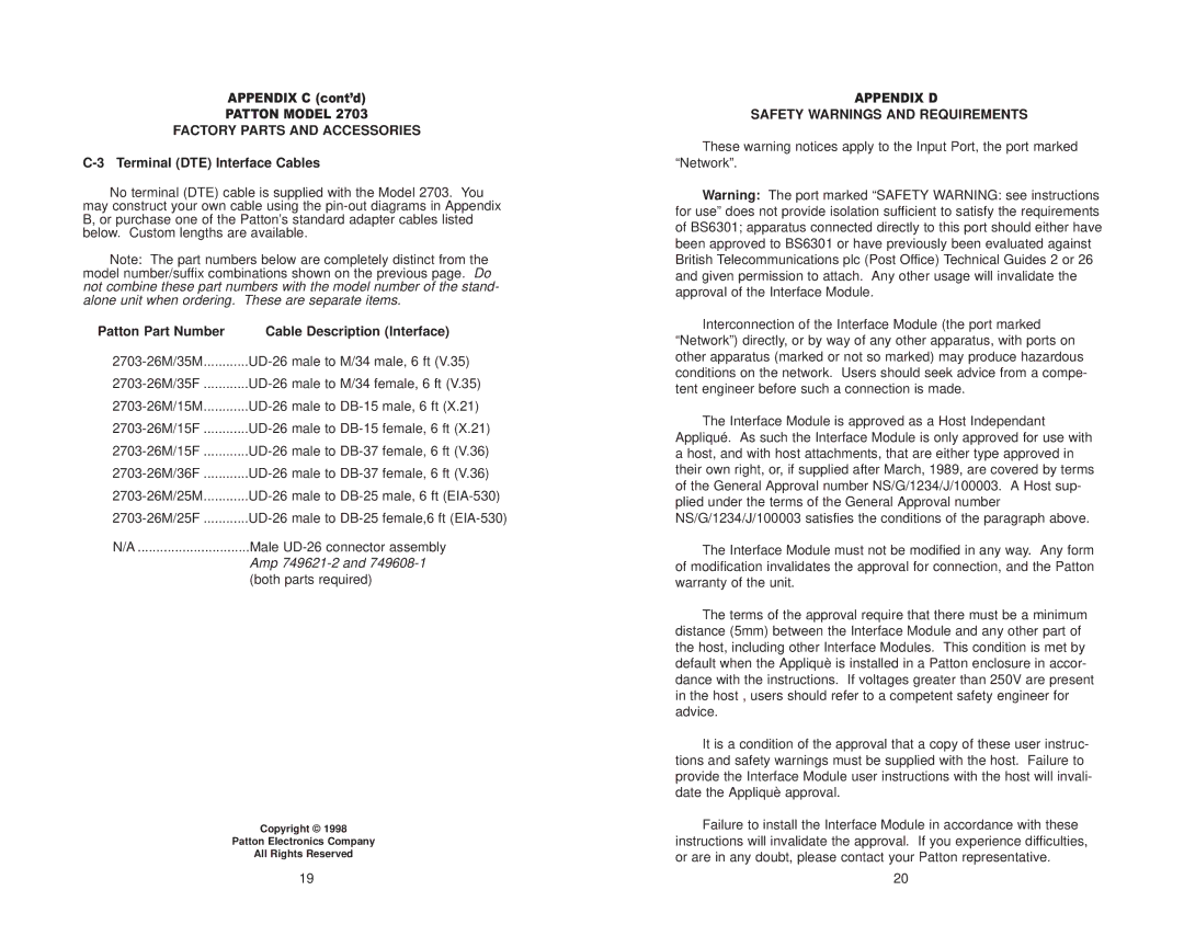 Patton electronic 2703 user manual Terminal DTE Interface Cables, Patton Part Number, Safety Warnings and Requirements 