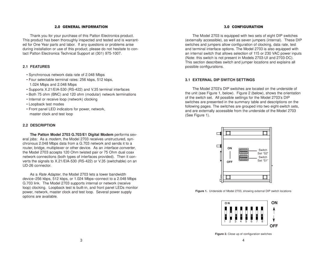 Patton electronic 2703 user manual Features, Description, External DIP Switch Settings 