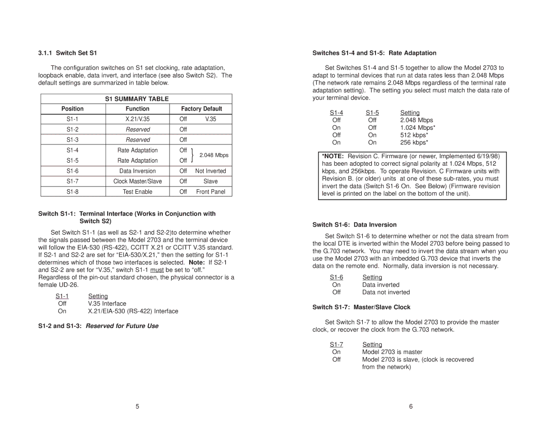 Patton electronic 2703 Switch Set S1, S1 Summary Table, Switches S1-4 and S1-5 Rate Adaptation, Switch S1-6 Data Inversion 