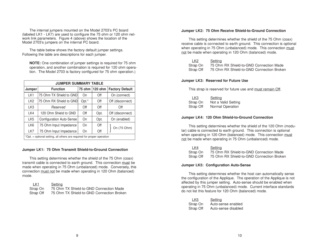 Patton electronic 2703 user manual Jumper Summary Table 