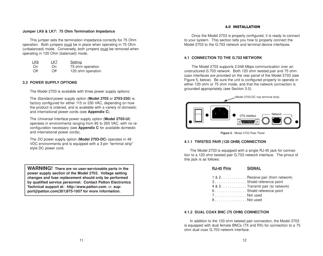 Patton electronic 2703 Power Supply Options, Connection to the G.703 Network, Twisted Pair 120 OHM Connection, Signal 